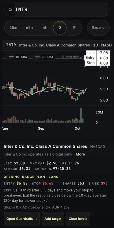 The opening-range plan on a phone: entry above the first 5-minute high, stop at the day's low, shares and dollars at risk.